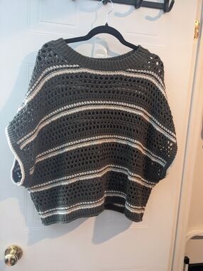 American Eagle Outfitters Green and Cream Crochet Stripe Crew Sweater
